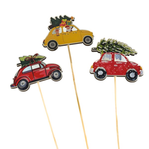 Holz-Stecker, Auto mit Baum im Gepäck 3 Mod sort, 7,4x5 cm, Stecker 35 cm