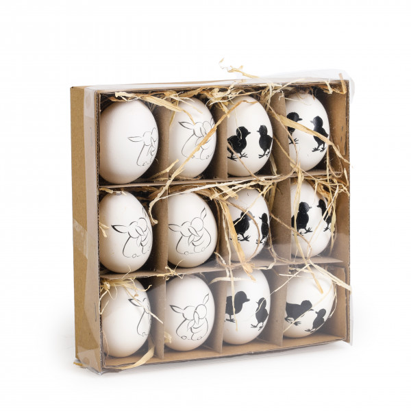 Hühnereier bemalt,Tray/12, Küken und Hase schwarz weiß