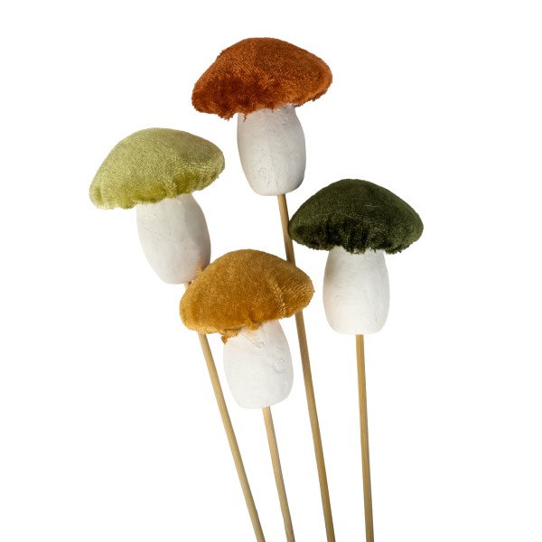 Pilz-Samt-Stecker 5,5x4,5cm,dk+hell grün +braun+orange sort, Stecker 35cm
