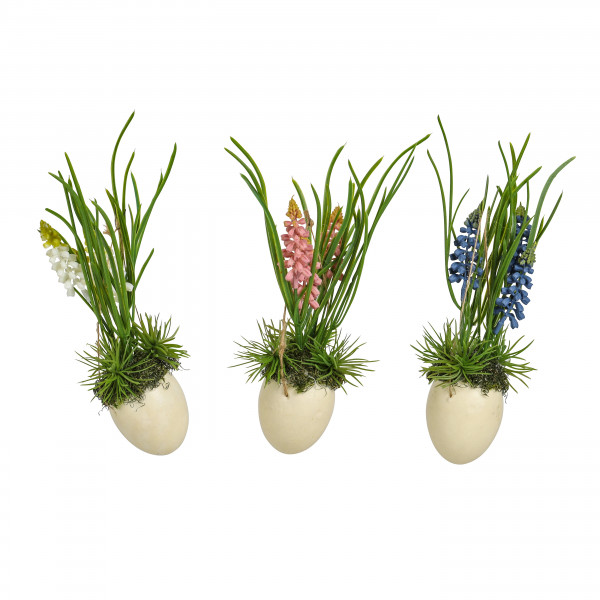 Muscari im Ei hängend, 25 cm mit Gras