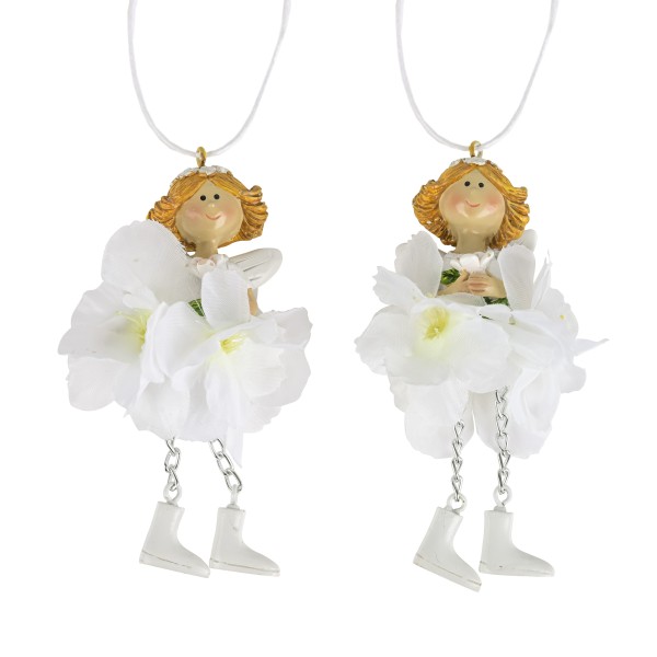 Poly Blumenmädchen Hänger, 2 Mod sort, 4x4x9,5cm, white flowers
