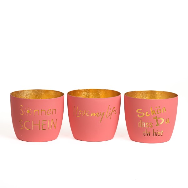 Metall-Windlicht mit Spruch, 10x8,5cm, 3 Sprüche sort, lachsrosa/gold