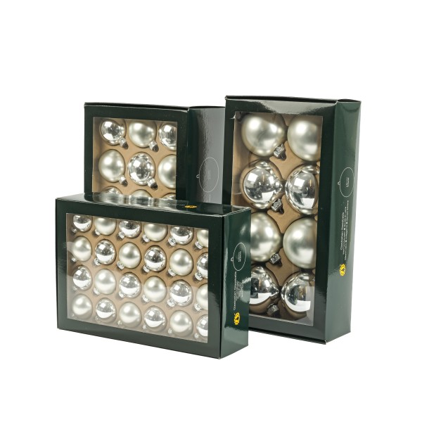 Glaskugeln, 80mm, Box/8 St. silber glanz/matt sortiert