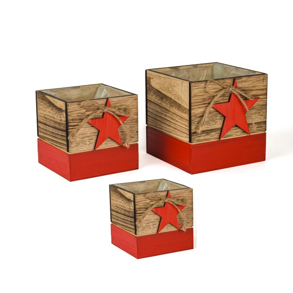 Holz Pflanzkasten STERN , Set/3, natur- rot, 18h18 /15xh15 /12xh12cm
