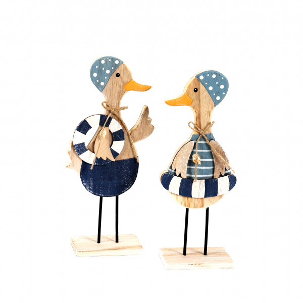 Ente, Holz, mit Badekappe/Schwimmring 2 Mod.,blau-weiß, 10x18x6 cm