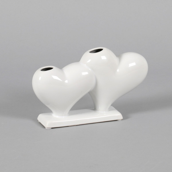 Keramik-Herzvase Alena x zwei auf Sockel, weiß glasiert, 21x5x14cm