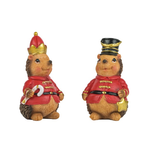 Poly Igel mit Krone/Hut, 2 Modelle sort, rot/gold, 5x4xh9 cm