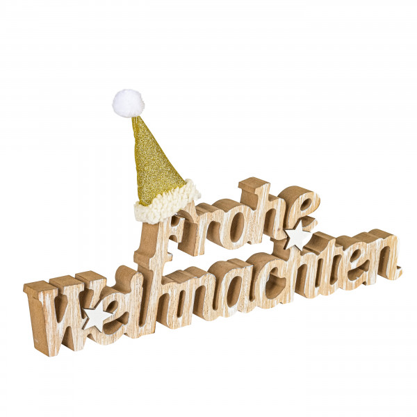 Schriftzug Frohe Weihnachten , Holz mit goldener Mütze, 29x3x11 cm