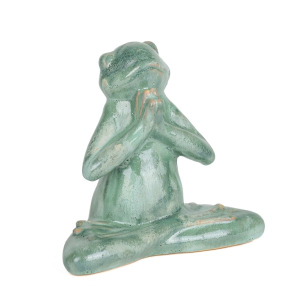 Garten Yoga-Frosch, sitzend, aus Stein- Zeug, grün glasiert, 22x11,4xh20 cm