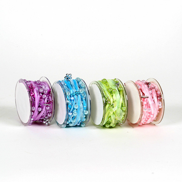 Dekoband m. Perlen + Blumen 5m aquablau