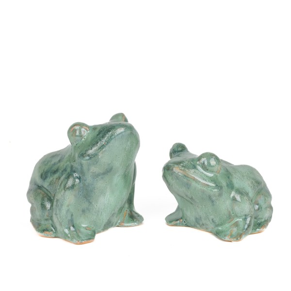 Gartenfrosch Felix sitzend aus Stein- Zeug, grün glasiert
