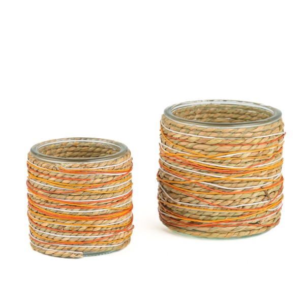 Glas-Topf mit Bast u Kordel umwickelt orange