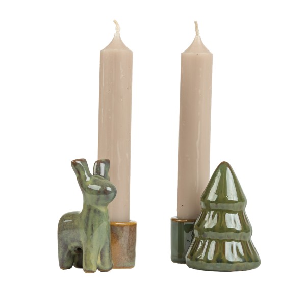 Steinzeug Spitzkerzenhalter mit Hirsch& Baum-Deko sort, grün höhe 7 cm