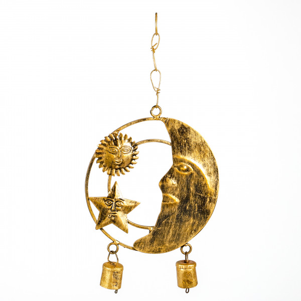 Sonne,Mond & Sterne, Metall, z.hängen mit Glöckchen, bronze, 15.5x22 cm