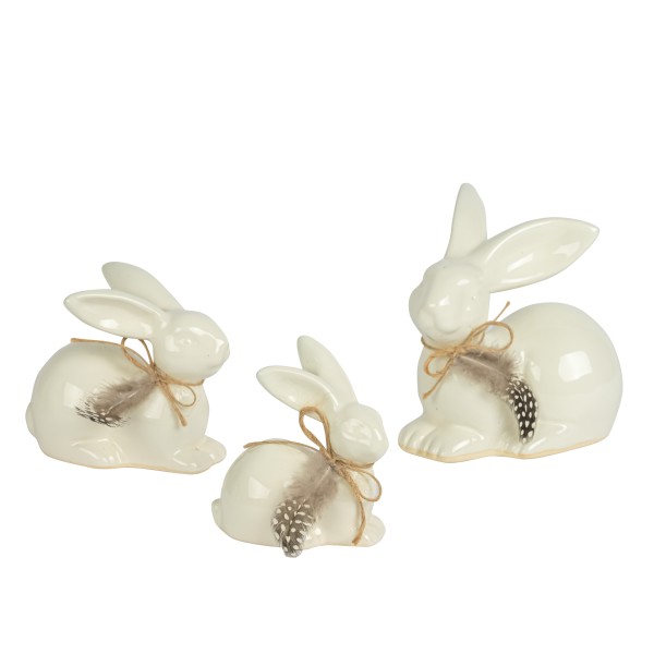 Keramik Hase Gerry sitzend mit Jute& Perlhuhnfeder