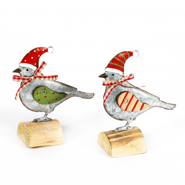 Vogel m.Weihnachtsmütze, Zink, 2 Mod. z.stehen, 13.5x12x5 cm