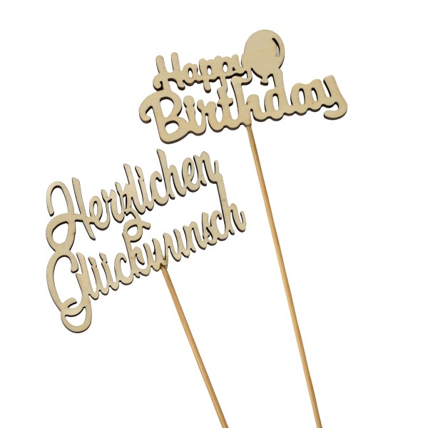 Holz-Stecker m Text, 2 Mod sort, Stecker 35cm, H Glückwunsch & Happy Birthday