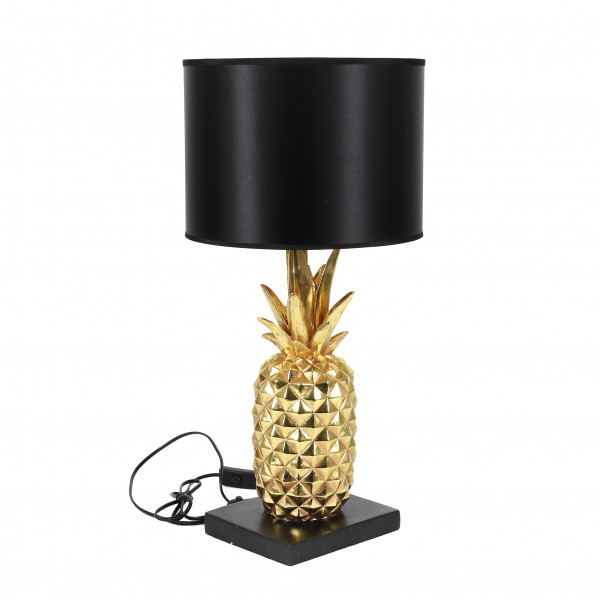 Deko-Lampe Pineapple gold auf schw.Fuß Schwarzer Lampenschirm innen gold h.60c