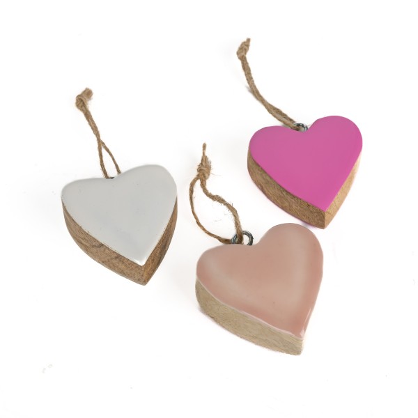 Holz-Herz im Glassgefäß,VE=40 Stk, pink/rosa/weiß,3Farben sort