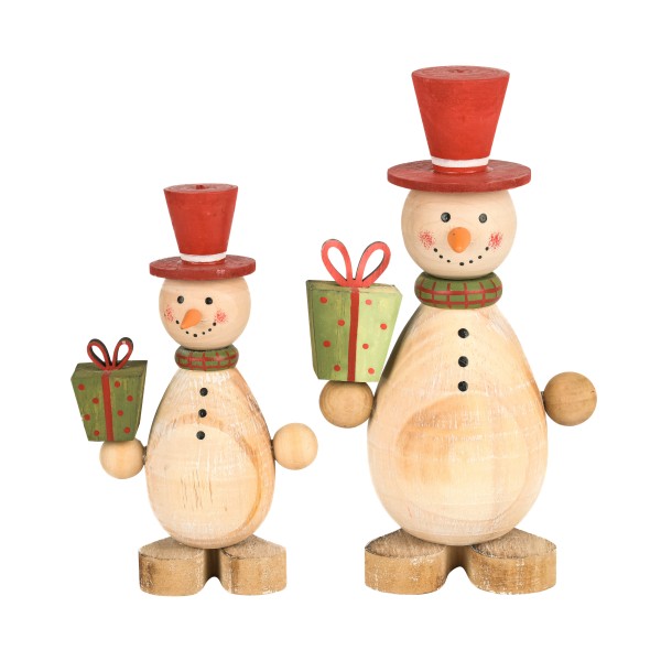 Schneemann, Holz, natur, stehend mit Zylinder/Geschenk