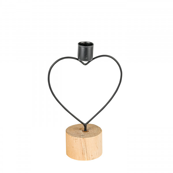 Spitzkerzenhalter Herz , Metall auf Holzfuß, 12x6x18,5 cm