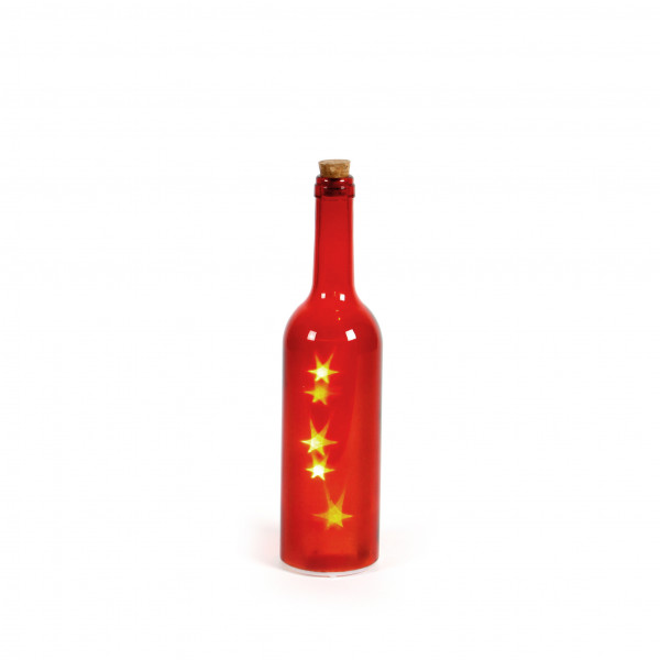 Glasflasche mit 5 LED Stars D7 cm x H30cm rot, Timer