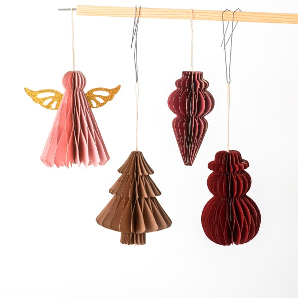 Papier-Ornamente,10cm, z.hängen 4 Modelle sort., rot-mauve-berry Mix