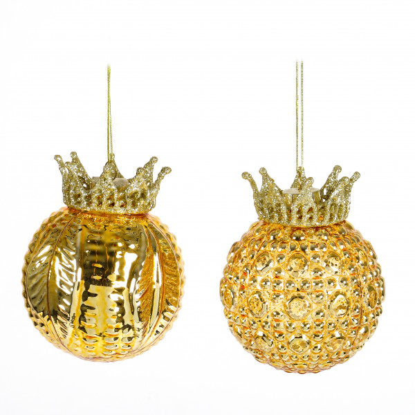 Baumschmuck Krone , Glas, gold 2 Mod. sort., Kugel 8x8x12 cm