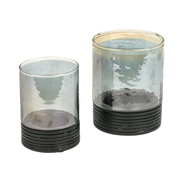 Windlicht anthrazit, Glas mit Holzbase