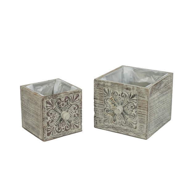 Holzkasten quadr. mit Apklikation und Knauf, S/2, grau antik, 12x12+16x16cm