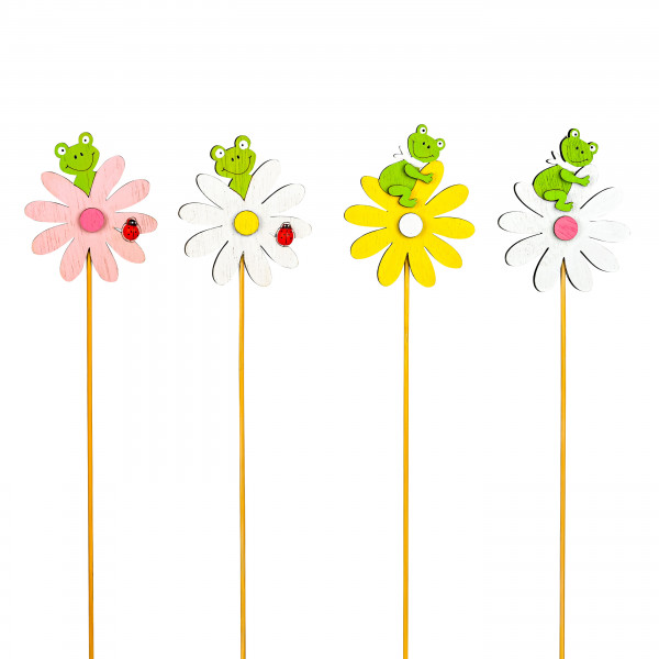 Stecker, Holz, Blume mit Frosch 4 Farben sort., 30x6.5 cm
