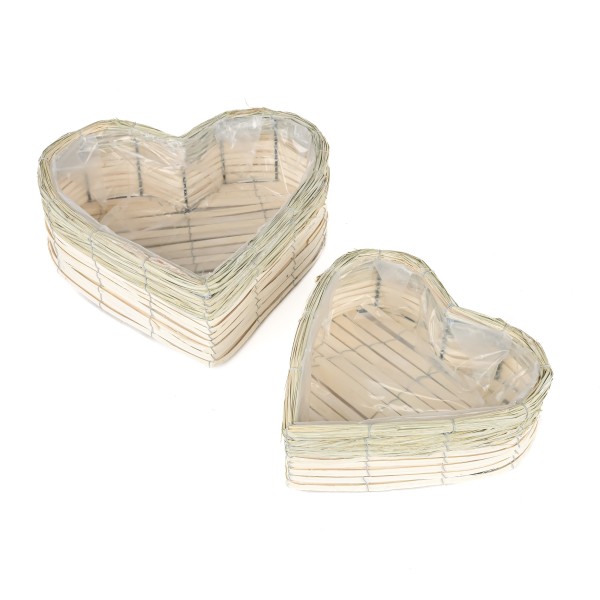 Holz-Span Korb, Pflanz-Herz mit Natur- Rand,weiß antik S/2, 23x23xh9/30x30xh10