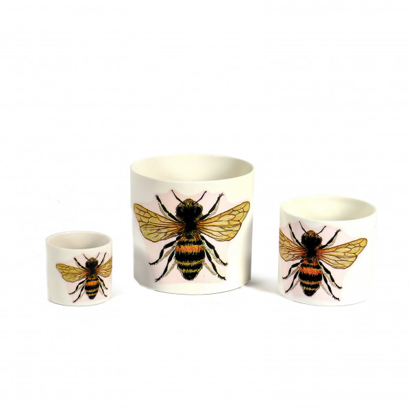 Keramik-Zylindertopf mit Bienen-Dekor weiß glasiert