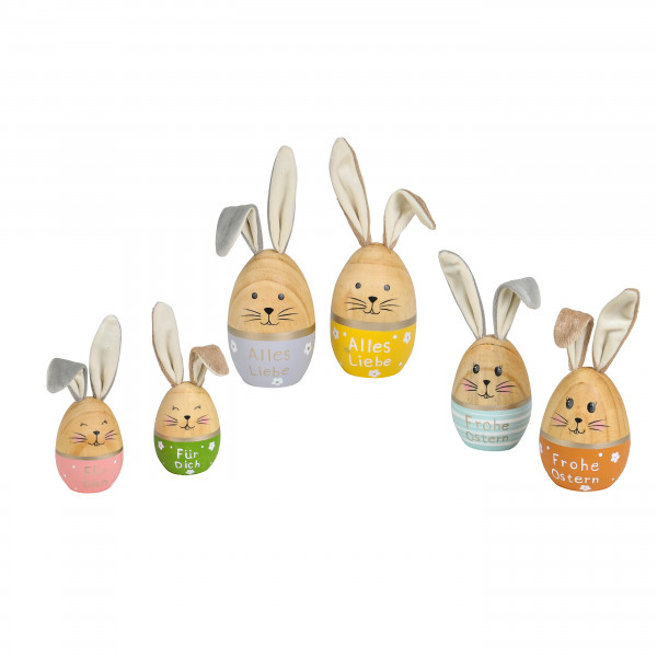 Hase mit Text, Eiform, Holz, 2 Farben sort.