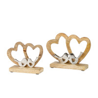 Holzherzen auf Base mit Metalvögeln, natur-silber Holzherzen auf Base mit Metalvögeln, natur-silber