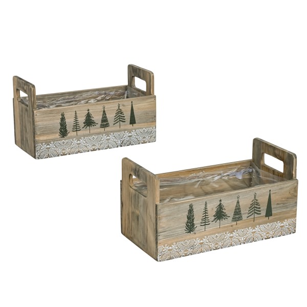 Holz-Kiste rechtecking, Baum-Design Set/2, 25x12xh9 / 28x15xh10 cm
