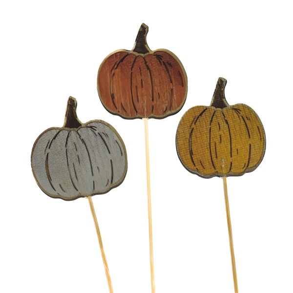 Holz-Stecker, Herbst-Kürbis, 3 Farben sort, 6x6,9cm, Stecker 35 cm