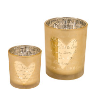 Glas Windlicht Love, außen matt gold, innen silber verspiegelt Glas Windlicht Love, außen matt gold, innen silber verspiegelt
