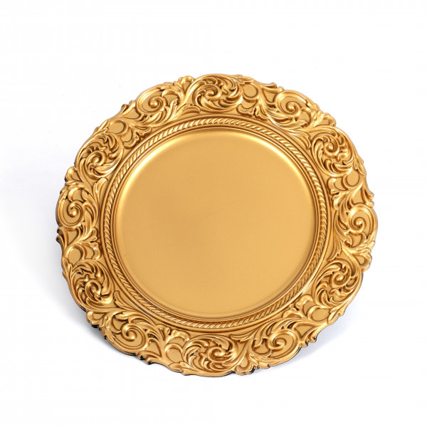Kunststoff-Teller rund, 36x36x2,5cm Barocker Rand, gold