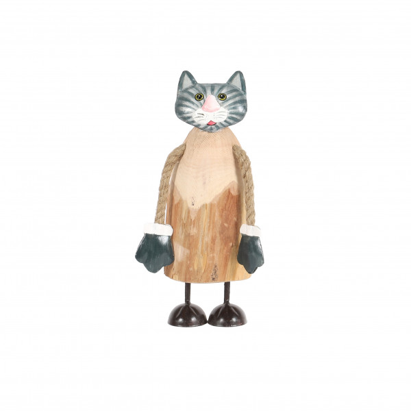 Katze mit Baumelarmen, Holz-Metall, grau 9x5x25 cm
