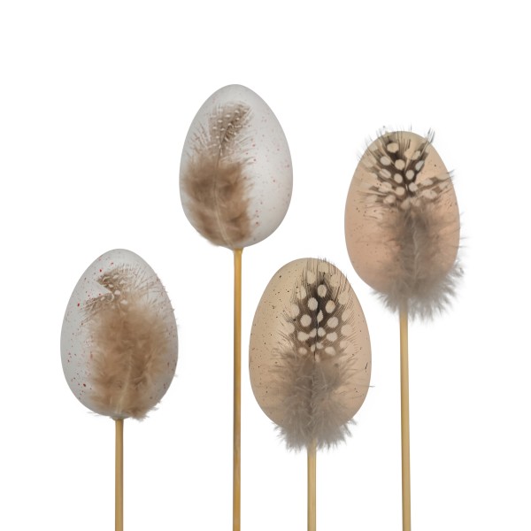 Kunststoff-Ei, mit Perlhuhn-Feder, 2 Mod sort, 5,5cm, Stecker 35 cm