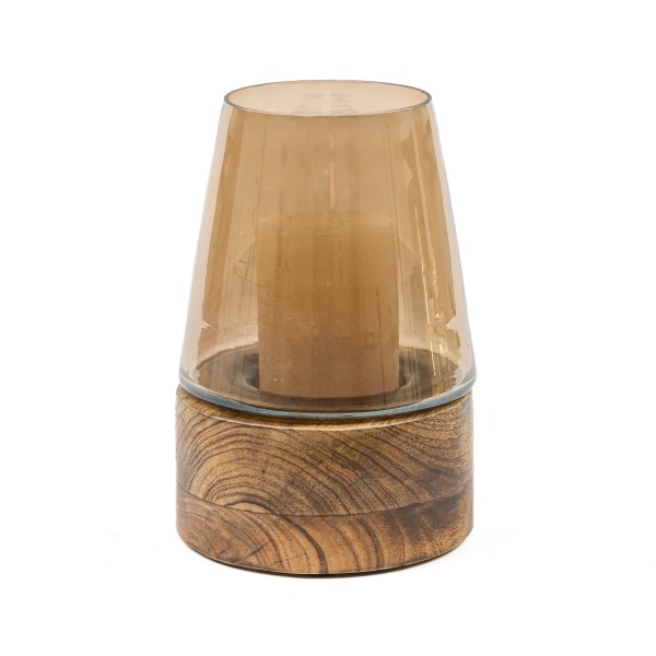 Windlicht, 14x18cm, Glas auf Holzbase, Mangoholz