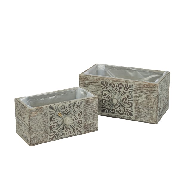 Holz-Jardiniere rechteckig m Apklikation &Knauf, S/2, grau antik, 12x12+16x16cm