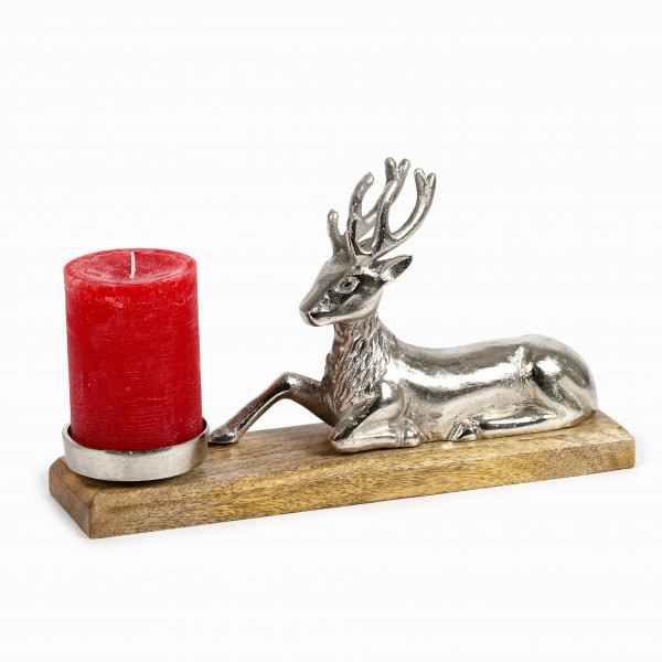 Metall Hirsch liegend auf Holzbase, mit Stumpenkerzenhalter, 28x13x8cm