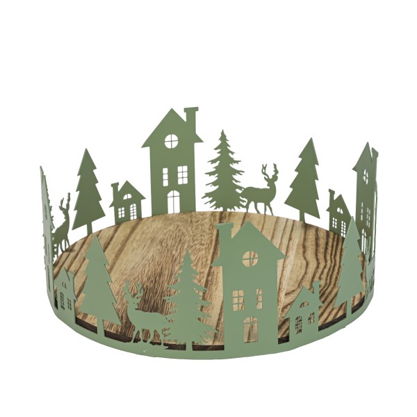 Holz Deko-Teller rund m Winterlandschaft aus Metall, matt grün, 25xh11cm