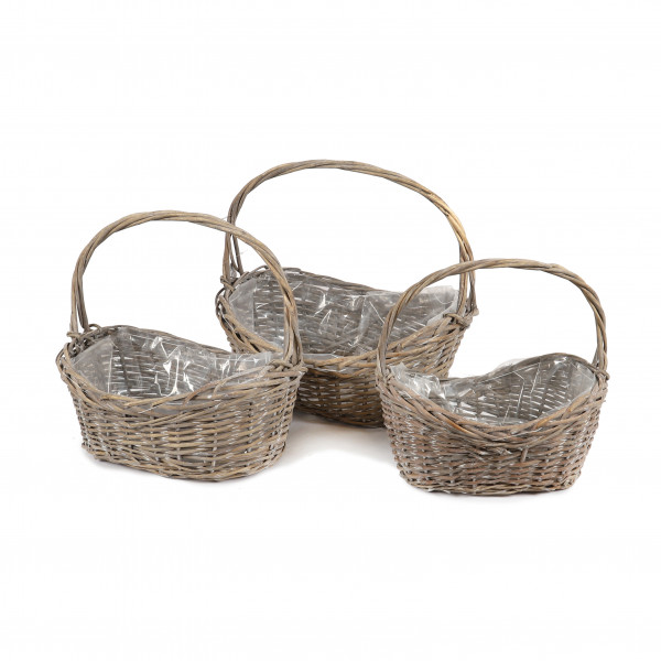 Weiden Korb oval mit Bügel, Set/3 grau-antik,44x32xh20/38x28xh18/32x24xh16