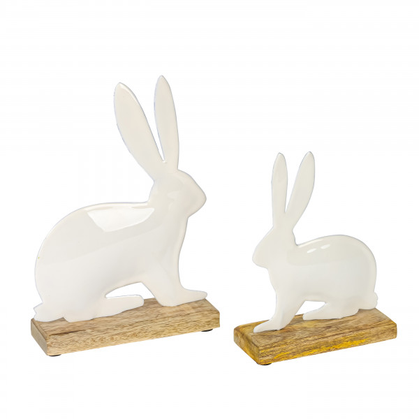 Metall Hase Rico, auf Holzbase, weiß