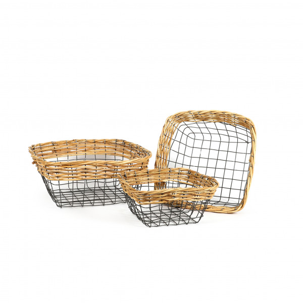 Draht-Korb,Schale quadr.Set/3 grau m.Rattan Rand,40x18/34x15/28x13.5cm