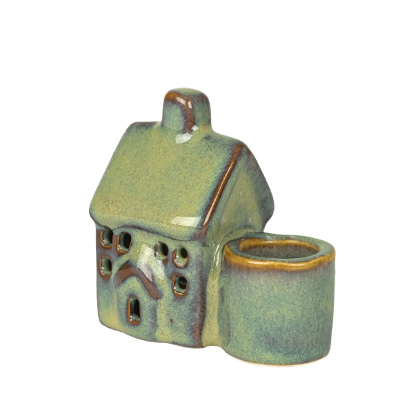 Steinzeug Spitzkerzenhalter Haus grün glasiert, 6,8xh6,8 cm cm