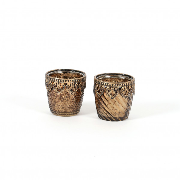Teelichtglas Elis Glas, konisch, 2 Mod mit Metallbeschlag,9x14 cm, brokat